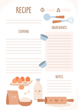 Modern kitchen worksheet template with whisk, rolling pin, and dessert preparation tools. Perfect for bakery brochures, menu covers, and food themed organizers.