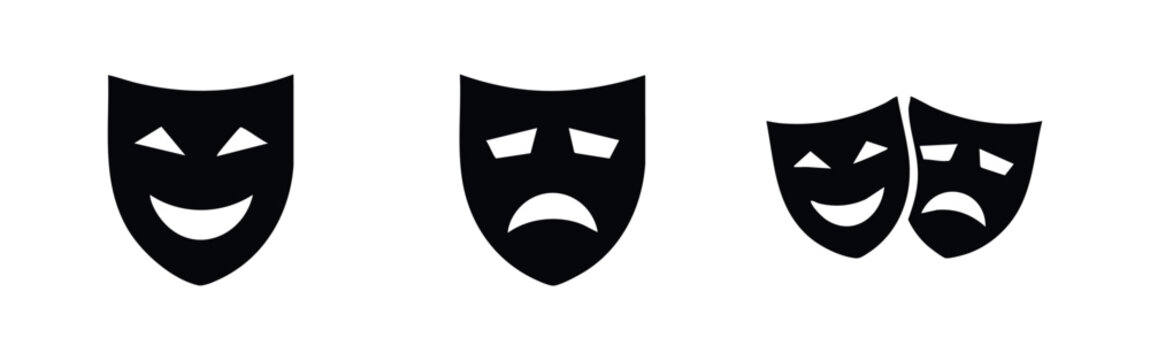 Comedy and tragedy theater masks icons, representing drama, emotions, and performing arts.