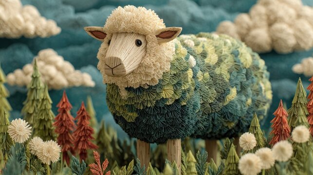 Whimsical Claymation Sheep with Nature-Inspired Wool in a Dreamy Landscape.