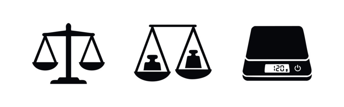 Weighing scales icons set with traditional balance scales and modern digital kitchen scale for measurement and justice symbols
