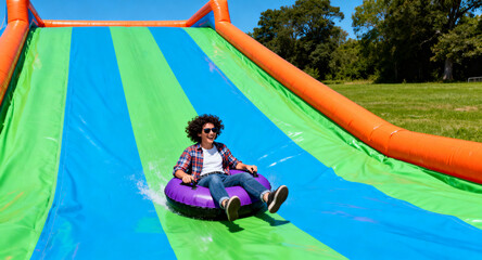 Obraz premium A joyful person rides down a large, colorful inflatable slide outdoors on a sunny day, enjoying a fun recreational activity