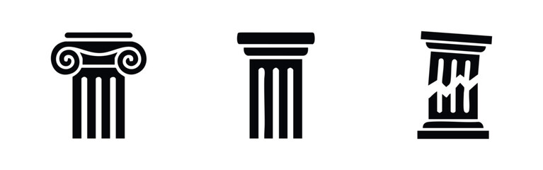 Ancient columns architecture icons set with classic Ionic, Doric, and broken pillars for history and structure symbols © Lili