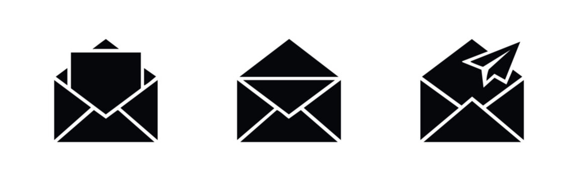 Open envelope and sending mail icons set with a letter and paper airplane for email and message delivery symbols