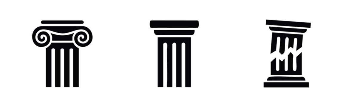 Ancient columns architecture icons set with classic Ionic, Doric, and broken pillars for history and structure symbols