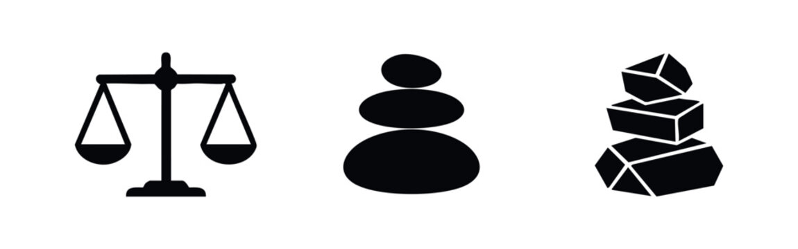 Balance and stability icons set with scales, zen stones (cairn), and geometric shapes for equilibrium symbols