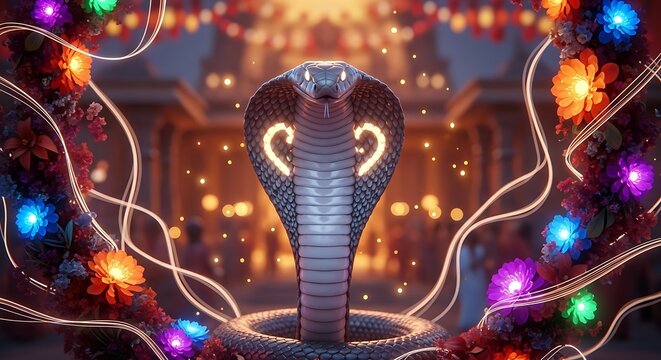 Majestic cobra snake with glowing heart shaped symbols in ornamental frame