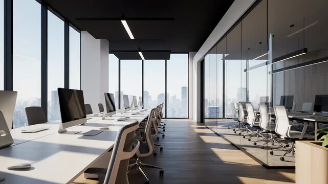 Modern Corporate Office Interior with Rows of Workstations and Panoramic City View for Professional Business Backgrounds.