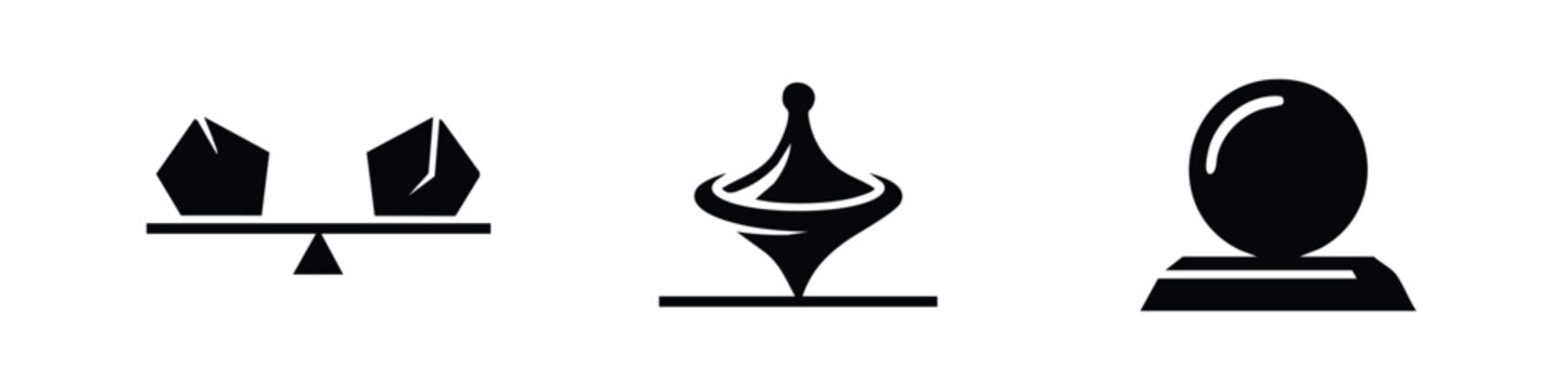 Balance and instability objects icons set with geometric seesaw, spinning top, and precarious egg shape symbols