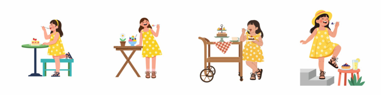 Set of illustrations featuring a happy little girl in a yellow dress enjoying various delicious desserts like cakes, sundaes, and tarts.