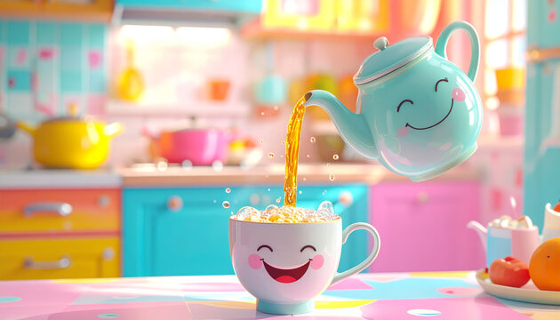 A Cheerful Teal Teapot Pours Laughter Into a Smiling Cup of Giggles in a Whimsical Kitchen