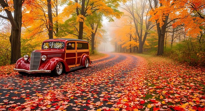 Vintage red Woody wagon parked on a misty forest road in autumn