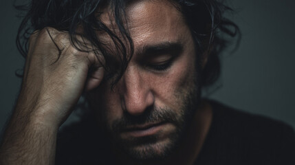 Fototapeta premium Sad man with grief expression, hand on face and emotional stress, closeup portrait on dark background