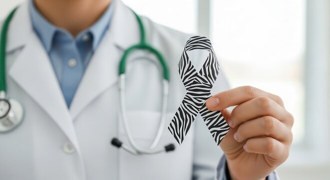 Doctor Holding Zebra Print Awareness Ribbon for Rare Disease Day and Neuroendocrine Tumor Awareness