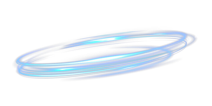 Blue glowing circular light swirl with neon motion trails on transparent background. Futuristic energy ring effect for sci-fi overlays, gaming visuals, and digital abstract designs.