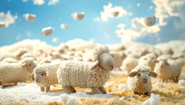 A charming herd of fluffy knitted sheep grazing peacefully in a dreamlike wooly field under a pastel blue sky with whimsical clouds.