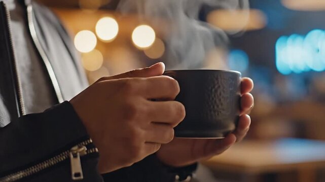 Person holding steaming black mug indoors with blurred lights