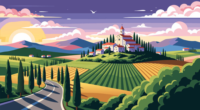 Beautiful Italian landscape vector illustration of a countryside village nestled on a hill with vineyards and cypress trees under a vibrant sky