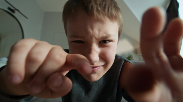 Close-up view of young boy s face and hand as he interacts with a digital screen, his expression intense. The vivid moment conveys childhood focus, technology use and the energy of modern digital play