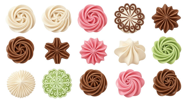 Assorted buttercream frosting swirls and whipped cream dollops, collection of 15 decorative cake toppings, colorful icing rosettes on white background