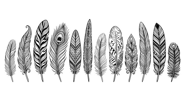 Feathers hand drawn set with intricate patterns and textures featuring black and white, detailed, artistic with nature and peacock feather elements