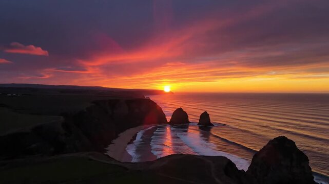 Dramatic sunset over ocean with sea stacks and coastal cliffs