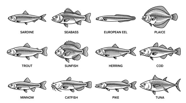 Fish doodle vector set with labeled species icons including sardine, seebass, eel, plaice and tuna featuring illustration, sketch, line art with