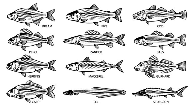 Fish illustration set with detailed skeletal structure and labels featuring bream, pike, cod with perch and zander elements for bass, herring