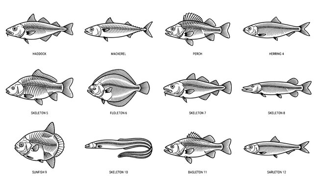 Fish illustrations set with detailed anatomical drawings and skeletons featuring black and white, marine life, aquatic with biology and nature