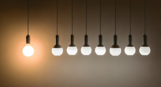 Illuminated idea row of pendant lights with one glowing bulb