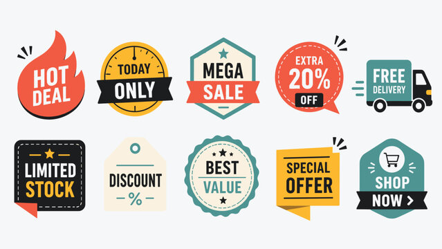 Collection of modern marketing stickers and badges for retail discounts and promotional sales campaigns now.