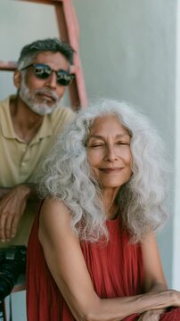Relaxed mature couple posing together outdoors on a stoop for lifestyle banner and family wellbeing background