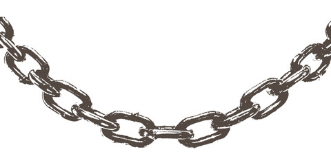 Hand drawn vintage metal chain link curved hanging down isolated on white background distressed sketch vector illustration. © Artful