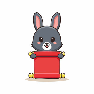 Cute cartoon rabbit holding a red scroll