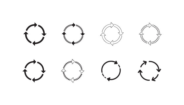 Recycling and loop symbols set featuring different circular arrow styles for eco designs.