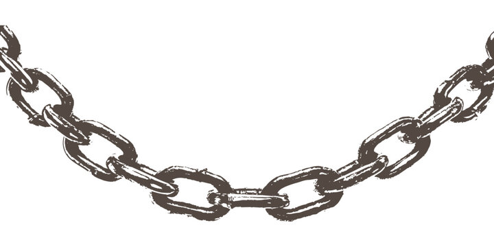 Hand drawn vintage metal chain link curved hanging down isolated on white background distressed sketch vector illustration.