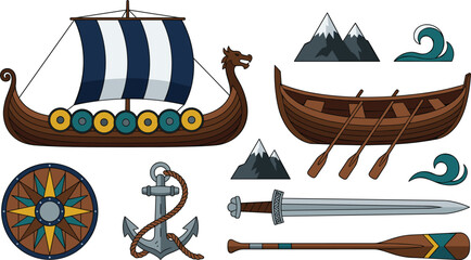 Viking Ship and Maritime Navigation Vector Set with Wooden Longship, Rowing Boat, Anchor, Shield, Sword, Oar, Waves, and Mountains Graphic Designs © Abul
