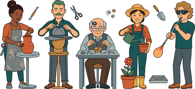Traditional Crafts and Artisans Character Vector Set with Diverse People Doing Pottery, Hat Making, Watch Repair, Gardening, and Glassblowing Graphic Designs