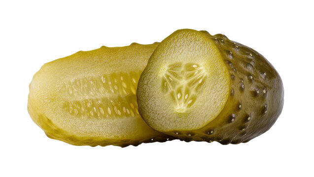 Dill pickle slice and half showing seeds and texture