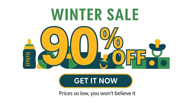 Winter sale ninety percent off baby gear and toys banner