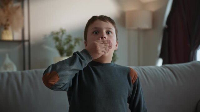 Young boy with wide eyes covers his mouth in surprise or shock while sitting on a couch in a living room setting. The expressive moment conveys innocence, emotion and the playful spontaneity