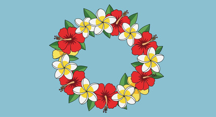 Colorful tropical flower wreath on a light blue background. © Janda Anyar