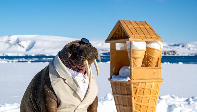 A dapper walrus in a suit awaits a frozen treat from a charming ice cream stand in a snowy arctic landscape.