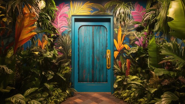 Closed teal door surrounded by lush tropical plants and colorful