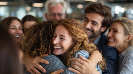 Fototapeta premium Corporate team sharing emotional group hug celebrating unity 