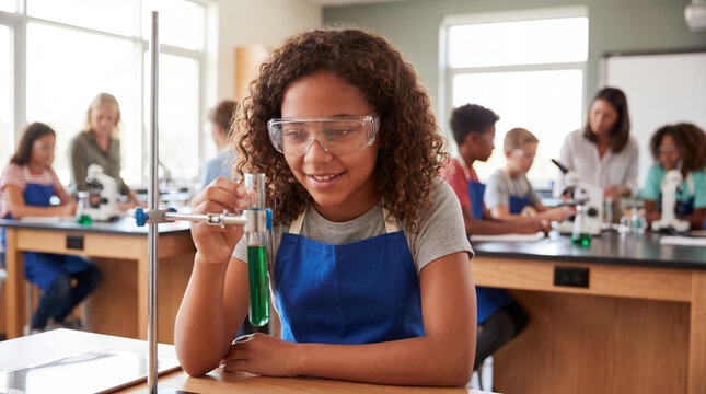 Young student wearing safety goggles and blue apron carefully holding test tube with green liquid in science classroom with microscope and teacher in background
