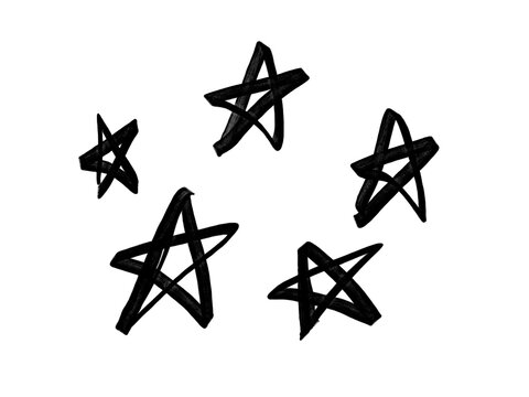 Black hand drawn star doodle collection isolated on white background. Bold marker sketch elements for trendy design, stickers, social media and creative decoration.
