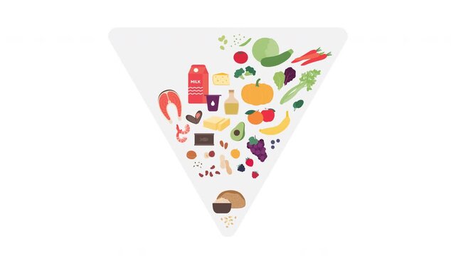 Inverted food pyramid infographic animation with copy space. Modern healthy nutrition guide with whole grains, vegetables, fruits, protein, dairy and organic fats flat vector loop