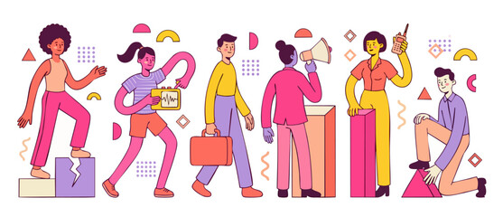Fototapeta premium Business Team Collaboration and Success Concept Illustration with Diverse Characters Working Together on Growth Projects, Modern Flat Graphic Style for Professional Corporate Presentations and Project