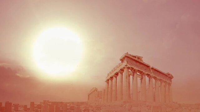 parthenon athens greece big sun  clouds dust