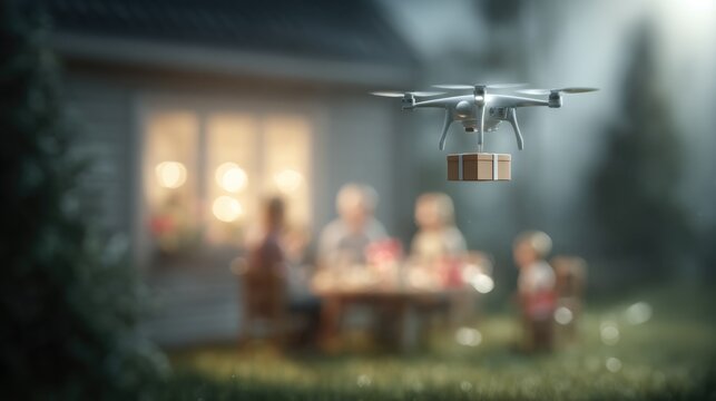 Drone delivering package to family gathered outside home, repres